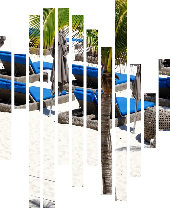 The beach club in Hallandale Beach, seen through twelve slats shaped like the HEED symbol