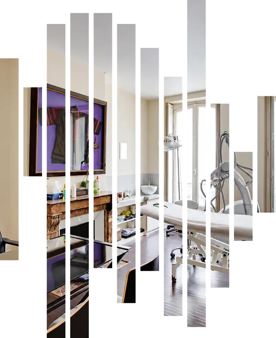 Body-technology room of the practice in Neuilly-sur-Seine, Paris, seen through twelve slats shaped like the HEED symbol