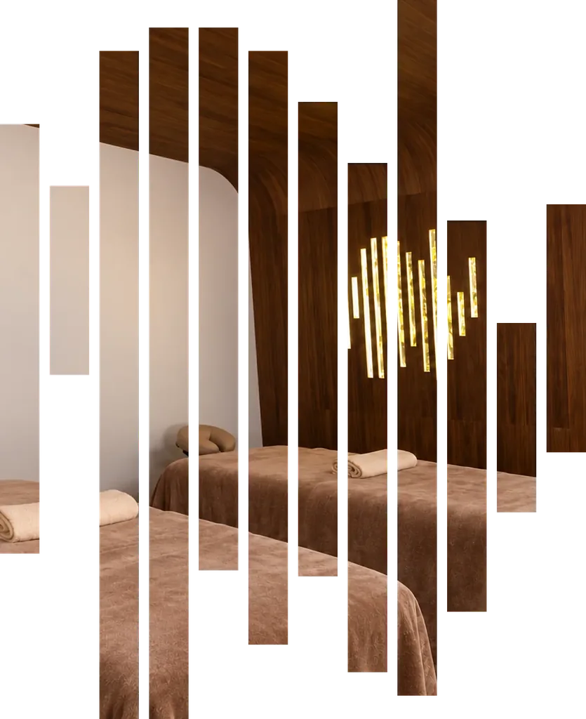 Couple treatment room of HEED Spa South Beach, seen through twelve slats shaped like the HEED symbol